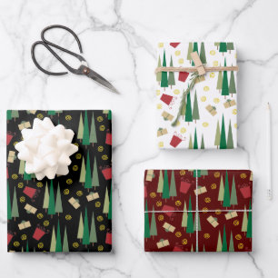 Retro Style Christmas Tree and Gift Pattern Wrapping Paper Sheet
