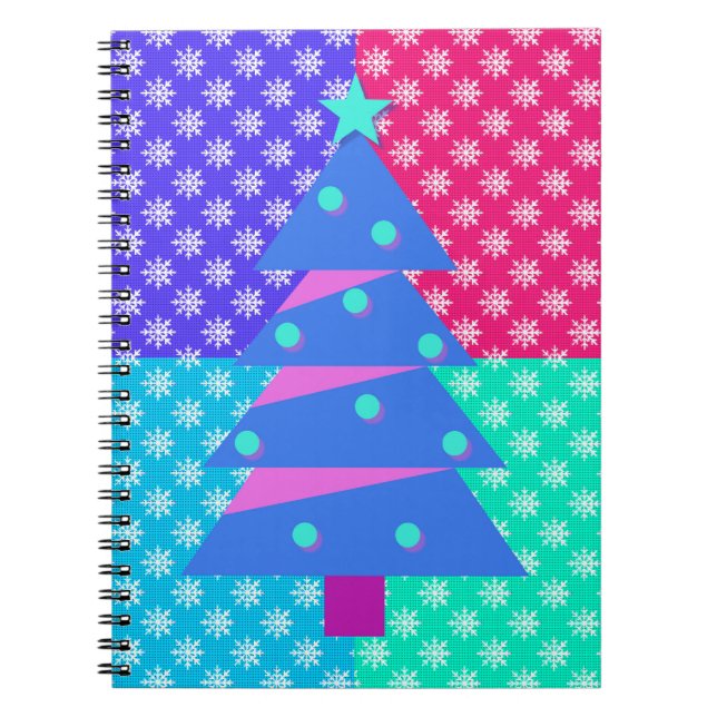 Retro Style Colourful Snowflake Christmas Tree Notebook (Front)