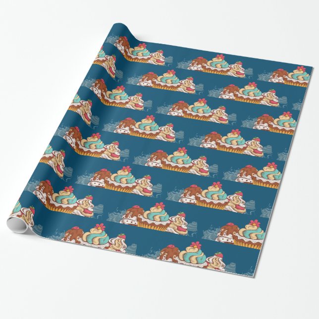 Retro Style Cupcakes Sweet Dessert Pattern Wrapping Paper (Unrolled)