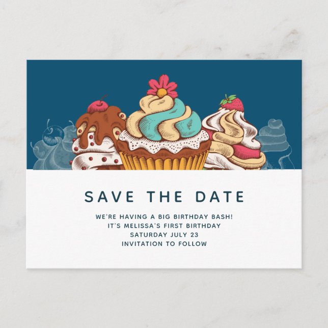 Retro Style Cupcakes Sweet Dessert Save the Date Postcard (Front)