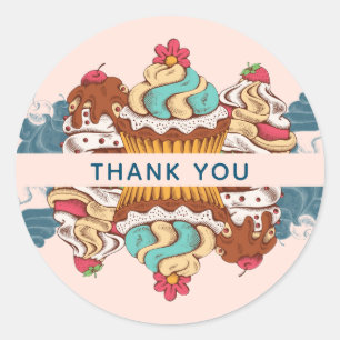 Retro Style Cupcakes Sweet Dessert Thank You Classic Round Sticker