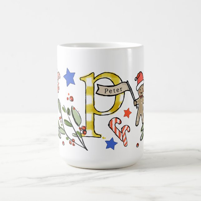 Retro Style Cute Christmas Monogram P With Name Coffee Mug (Center)
