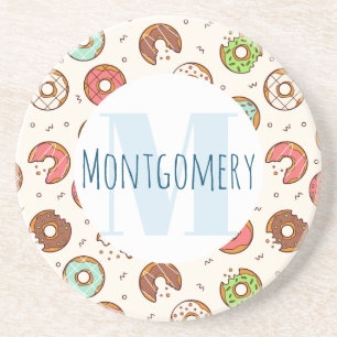 Retro Style Cute Colourful Doughnut Pattern Monogr Coaster