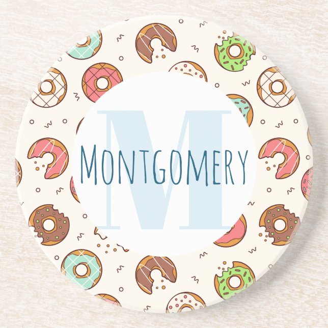 Retro Style Cute Colourful Doughnut Pattern Monogr Coaster (Front)