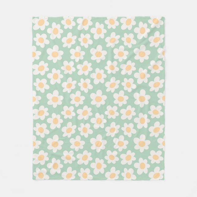 Retro style daisies in bloom on green background fleece blanket (Front)
