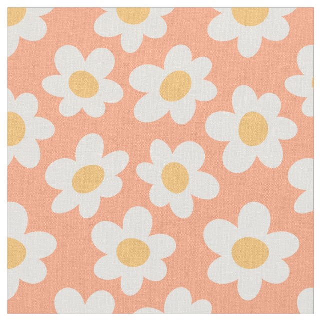 Retro style daisies in bloom on orange background fabric (Close Up)