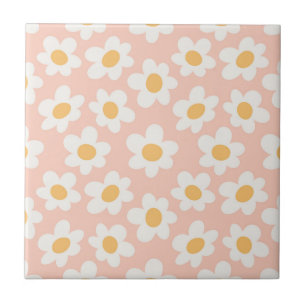 Retro style daisies in bloom on pink background tile