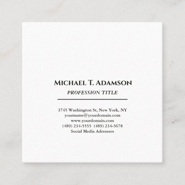 Retro Style Elegant Plain Simple Black & White Square Business Card (Front)