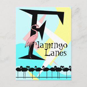 Retro Style Flamingo Lanes Postcard aquas pink