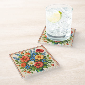 Retro Style Flower Bouquet | Glass Coaster