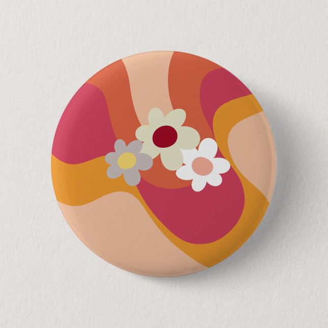 Retro style flowers and waves 6 cm round badge (Front)