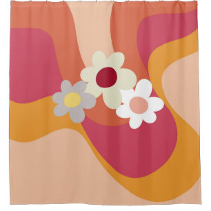 Retro style flowers and waves shower curtain