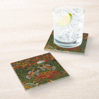 Retro Style Green Tapestry Exotic Birds Glass Coaster