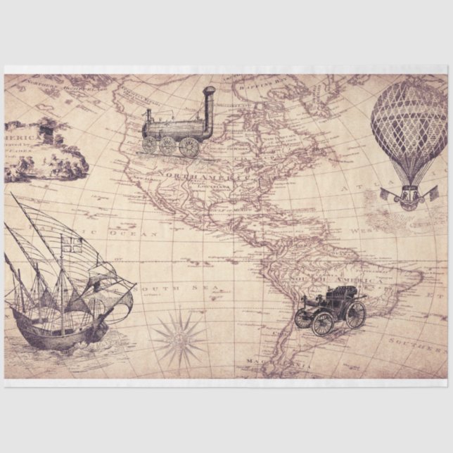 Retro style map pattern, world maps themed tissue paper (Front)