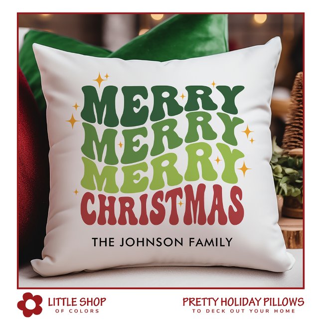 Retro Style Merry Christmas Family Name Cushion (Creator Uploaded)