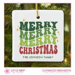 Retro Style Merry Merry Christmas Photo Ceramic Ornament<br><div class="desc">Celebrate the holiday season with this charming, personalised Christmas ornament that blends classic retro style with modern customisation. Featuring the festive phrase, “Merry Merry Merry Christmas, ” rendered in a traditional red and green colour palette, this ornament will add a touch of nostalgia to your holiday décor. Customise this design...</div>