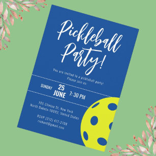 Retro Style Neon Blue Themed Pickleball Birthday Invitation