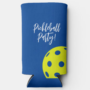 Retro Style Neon Blue Themed Pickleball Birthday Seltzer Can Cooler