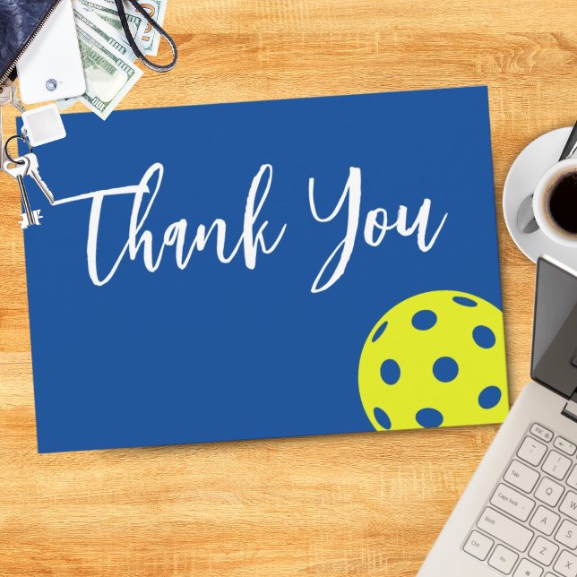 Retro Style Neon Blue Themed Pickleball Birthday Thank You Card (Creator Uploaded)