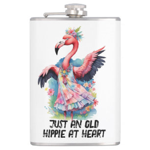 Retro Style Old Hippie at Heart Dancing Flamingo Hip Flask