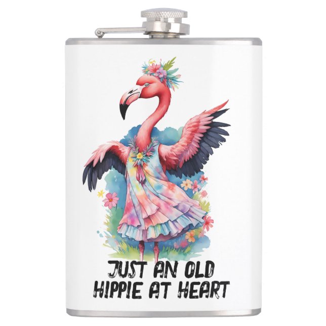 Retro Style Old Hippie at Heart Dancing Flamingo  Hip Flask (Front)