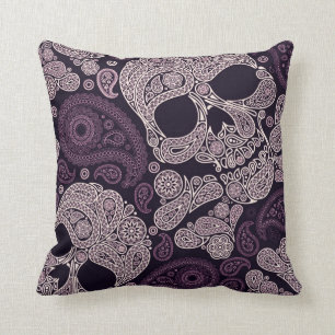 Retro Style Paisley Skull in Dark Purple Cushion