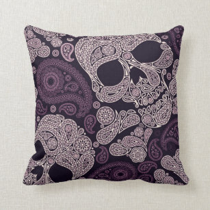 Retro Style Paisley Skull in Dark Purple Cushion