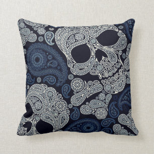 Retro Style Paisley Skull in Navy Blue Cushion