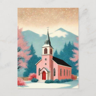 Retro Style Pink Church Art Postcard