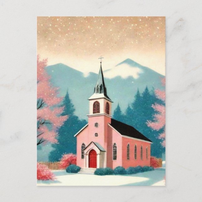 Retro Style Pink Church Art Postcard (Front)