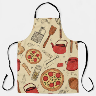 retro style printed pizza utensils apron