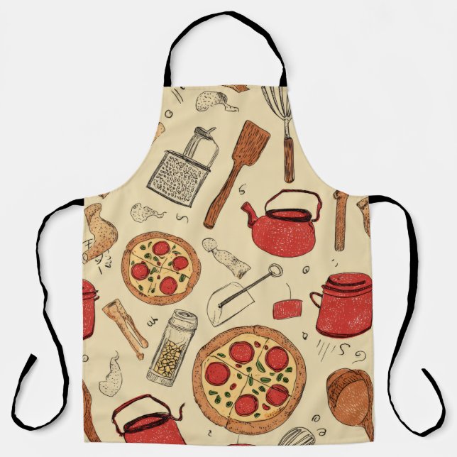 retro style printed pizza utensils apron (Front)