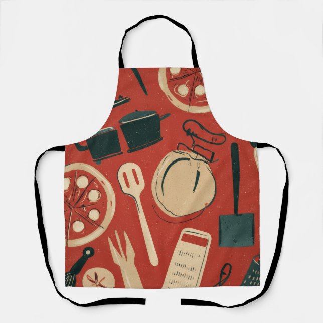 retro style printed pizza utensils Apron (Front)