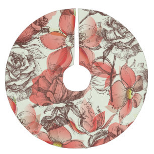 Retro Style Red Roses Pattern Brushed Polyester Tree Skirt