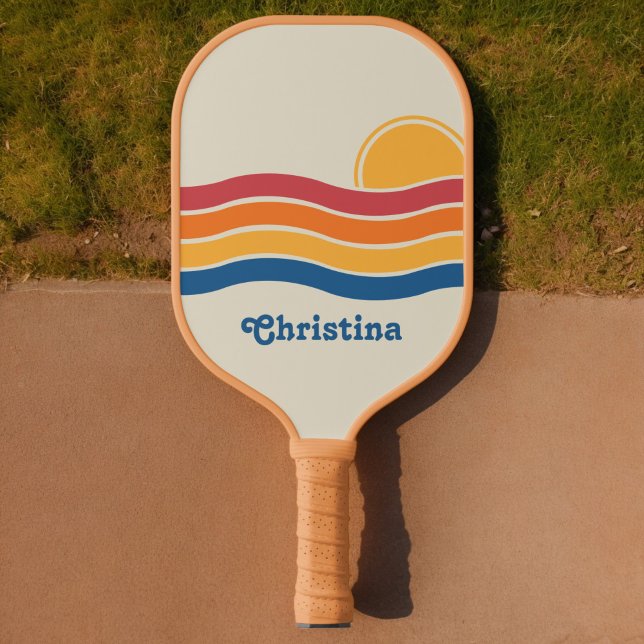 Retro Style Sunrise Pastel Rainbow script name Pickleball Paddle (Creator Uploaded)