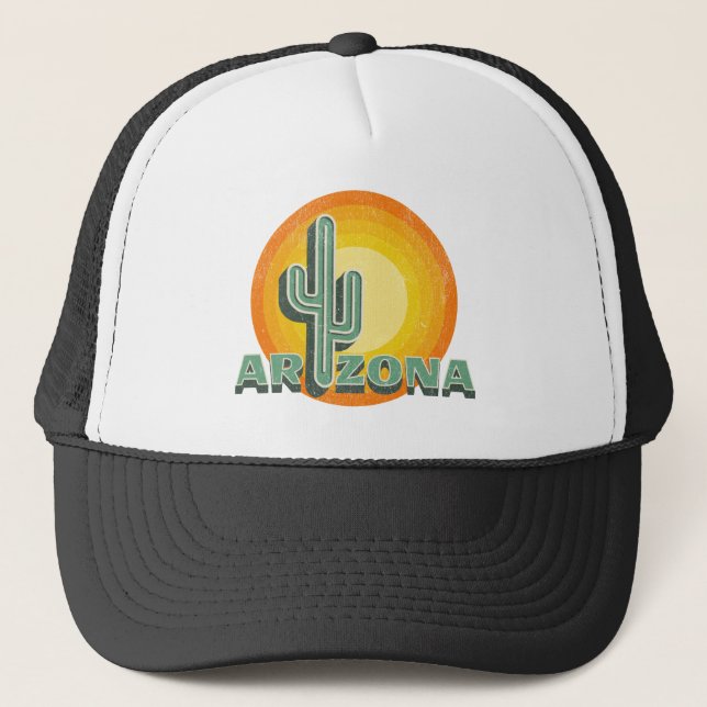 Retro style sunset with Arizona text design Trucker Hat (Front)