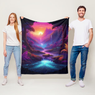 Retro-Style Synthwave Rain Forest Waterfall Valley Fleece Blanket