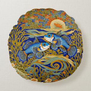 Retro Style Tapestry Blue Mandarin Fish Round Cushion