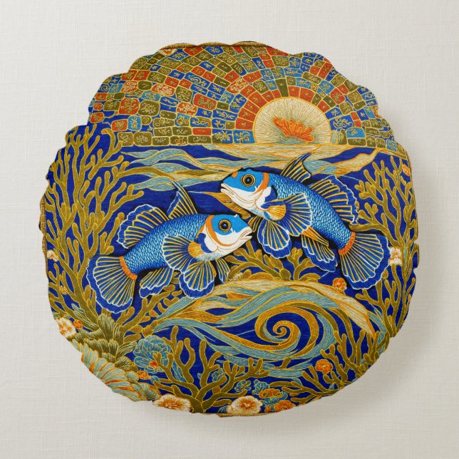 Retro Style Tapestry Blue Mandarin Fish Round Cushion (Front)
