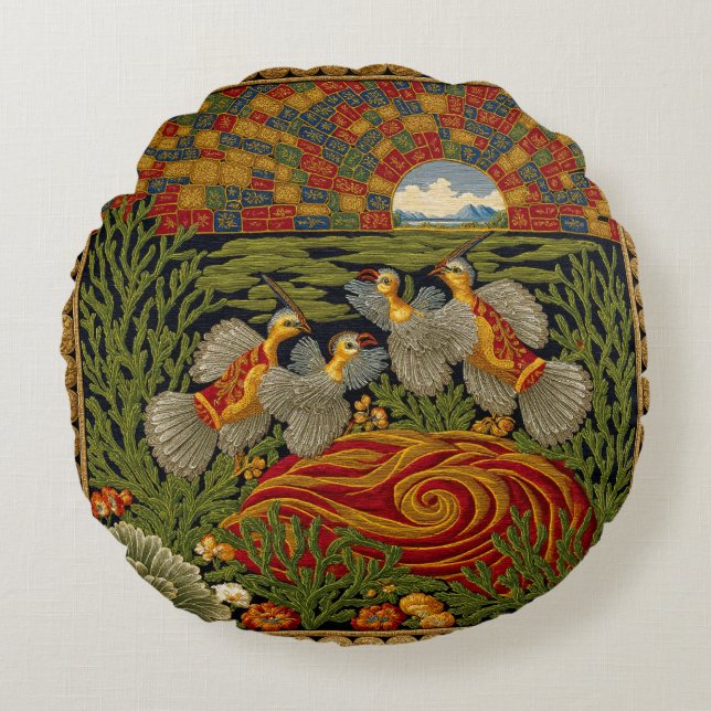 Retro Style Tapestry Exotic Birds Round Cushion (Front)