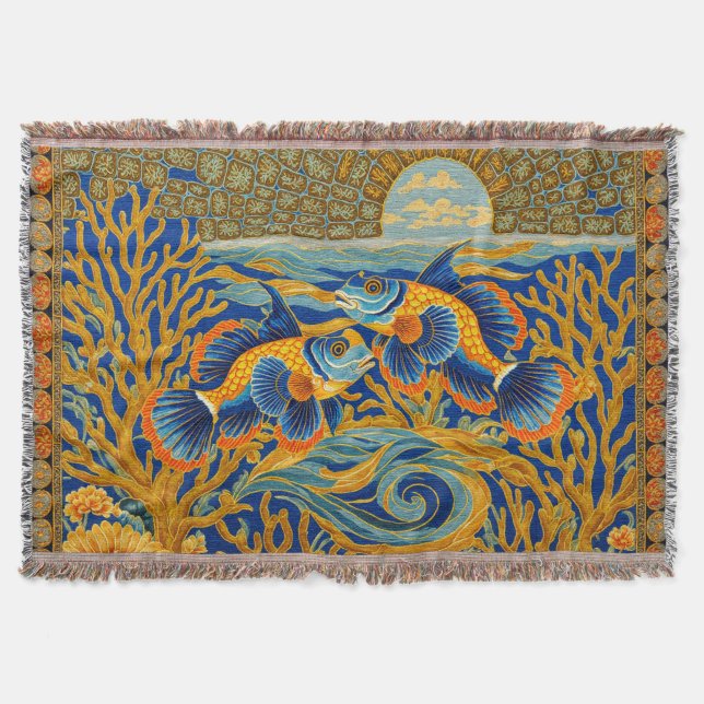 Retro Style Tapestry Orange Mandarin Fish Throw Blanket (Front)