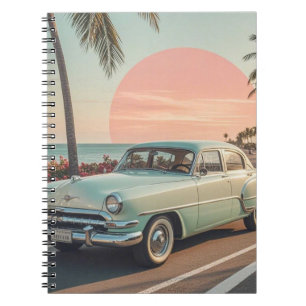 Retro-style vintage car on a coastal road notebook