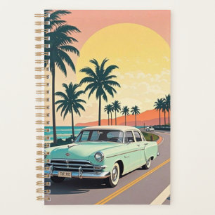 Retro-style vintage car on a coastal road planner