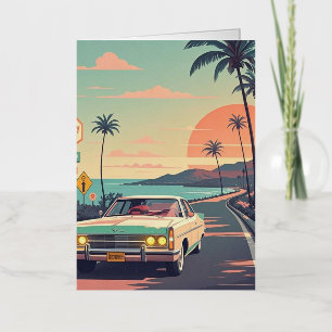Retro-style vintage car on beach front road foil greeting card