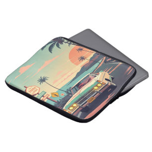 Retro-style vintage car on beach front road laptop sleeve