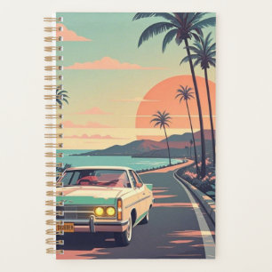 Retro-style vintage car on beach front road planner