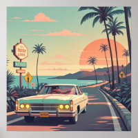 Retro-style vintage car on beach front road
