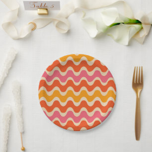 Retro Style Waves Pattern in pink, orange and red Paper Plate