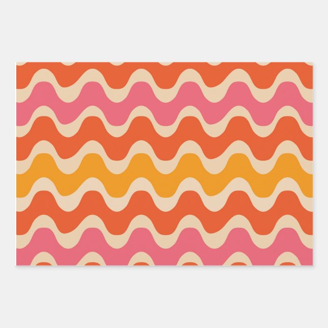 Retro Style Waves Pattern in pink, orange and red  Wrapping Paper Sheet (Front)