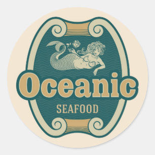 Retro-styled mermaid seafood label